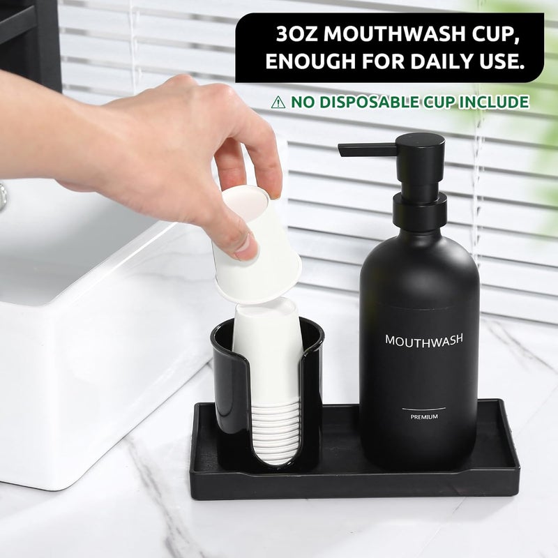 TOLDATLI Mouthwash Dispenser for Bathroom, Glass Mouth Wash Pump Dispenser with Cup Holder, 17 Fl Oz Mouthwash Bottle Decanter with Tray, Refillable Mouthwash Dispenser Container (Matte Black) - Image 4